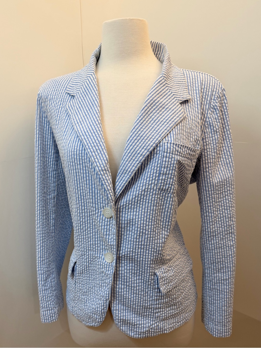 Blue White Seersucker Blazer Stretch Cotton Petite XL Coastal Preppy